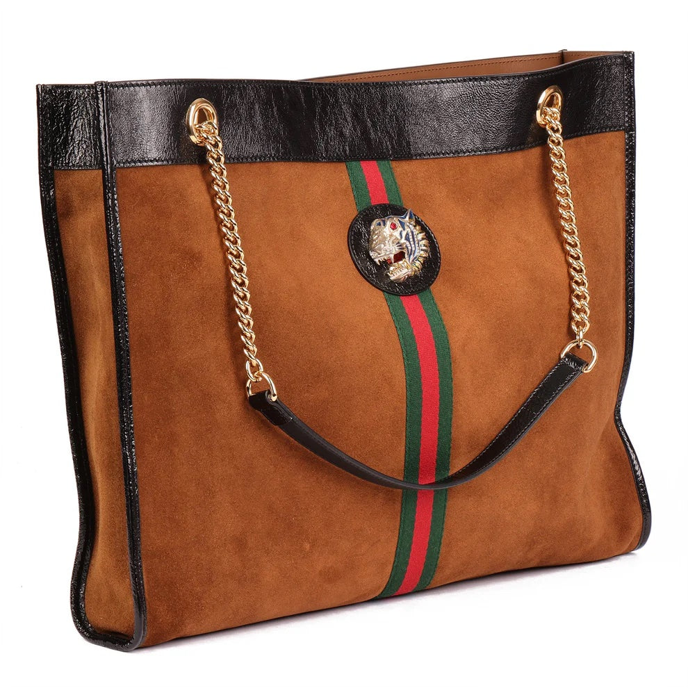 GUCCI BROWN SUEDE TIGER WEB RAJAH LARGE TOTE BAG – Caroline's