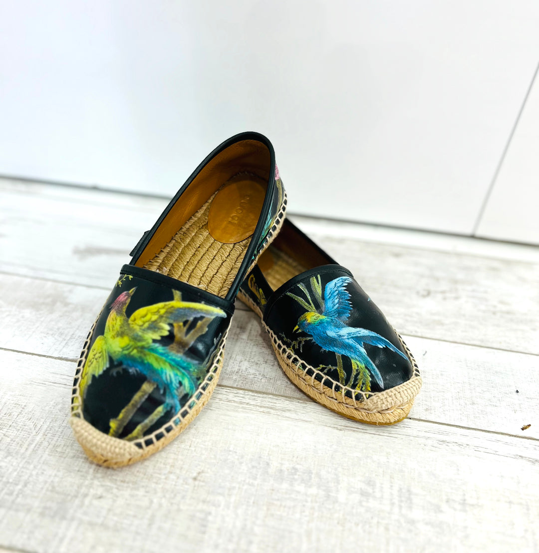 Gucci Black Leather Slip-Ons with Blue and Yellow Tropical Bird Print Gucci® Women main image 2