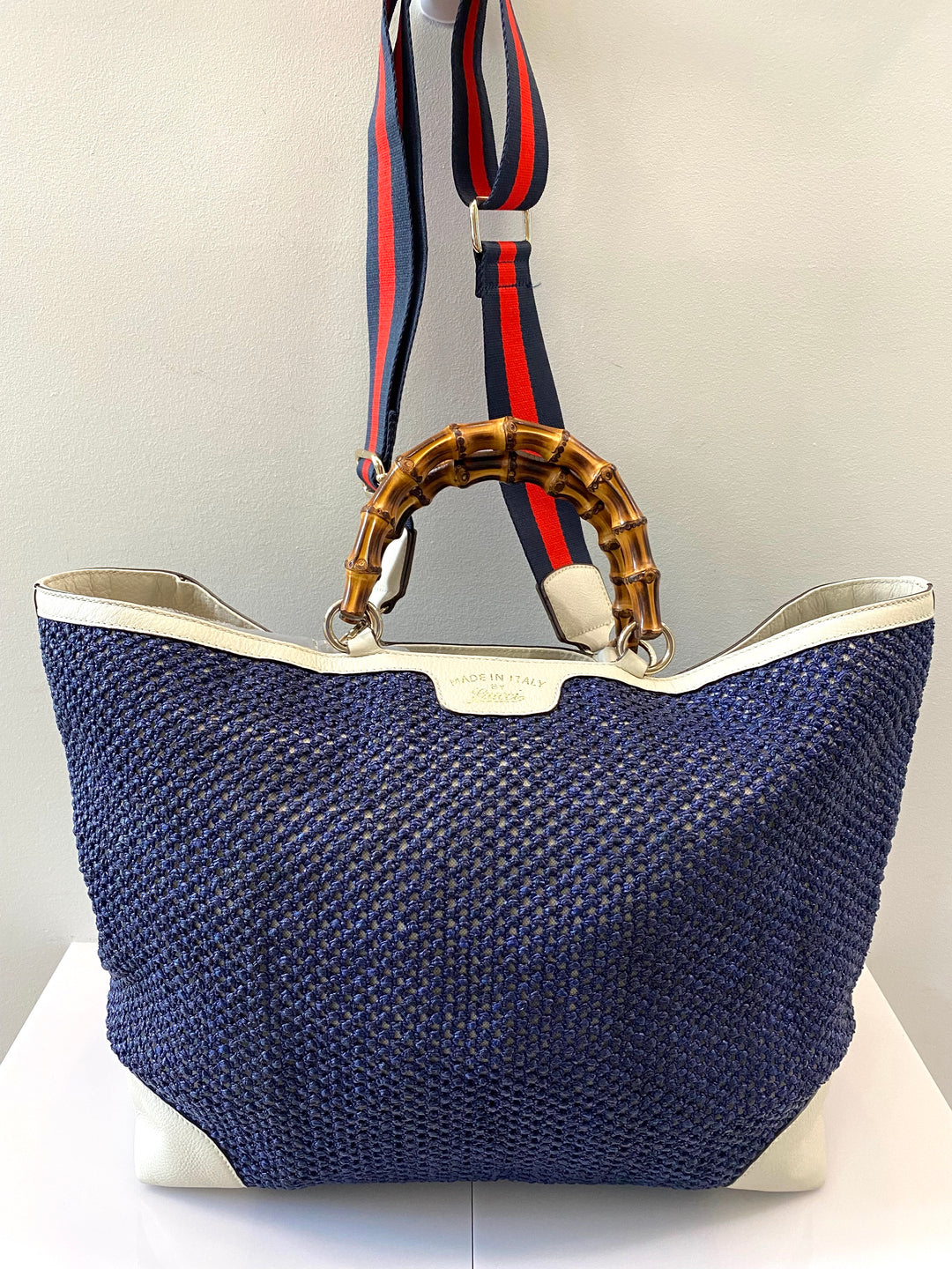 GUCCI VINTAGE WEB STRAP BAMBOO HANDLE TOTE BAG WITH SHOULDER STRAP