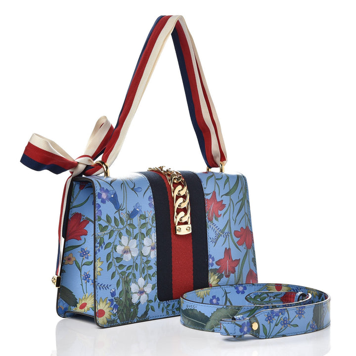 GUCCI SYLVIE BLUE AZURE FLORA CALFSKIN LEATHER SHOULDER BAG