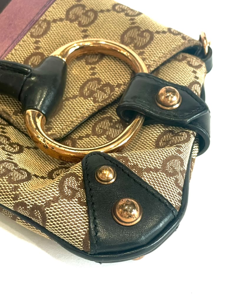 GUCCI BY TOM FORD MONOGRAM HORSBIT SATIN WEB CHAIN CLUTCH
