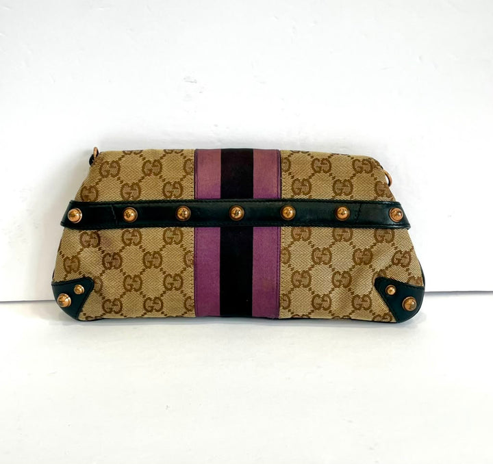 GUCCI BY TOM FORD MONOGRAM HORSBIT SATIN WEB CHAIN CLUTCH