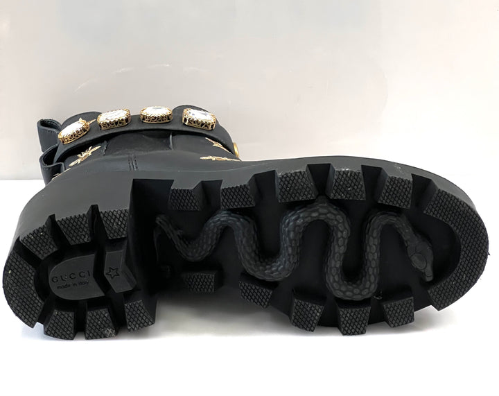 GUCCI STAR AND BEE EMBROIDERED LEATHER BOOTS