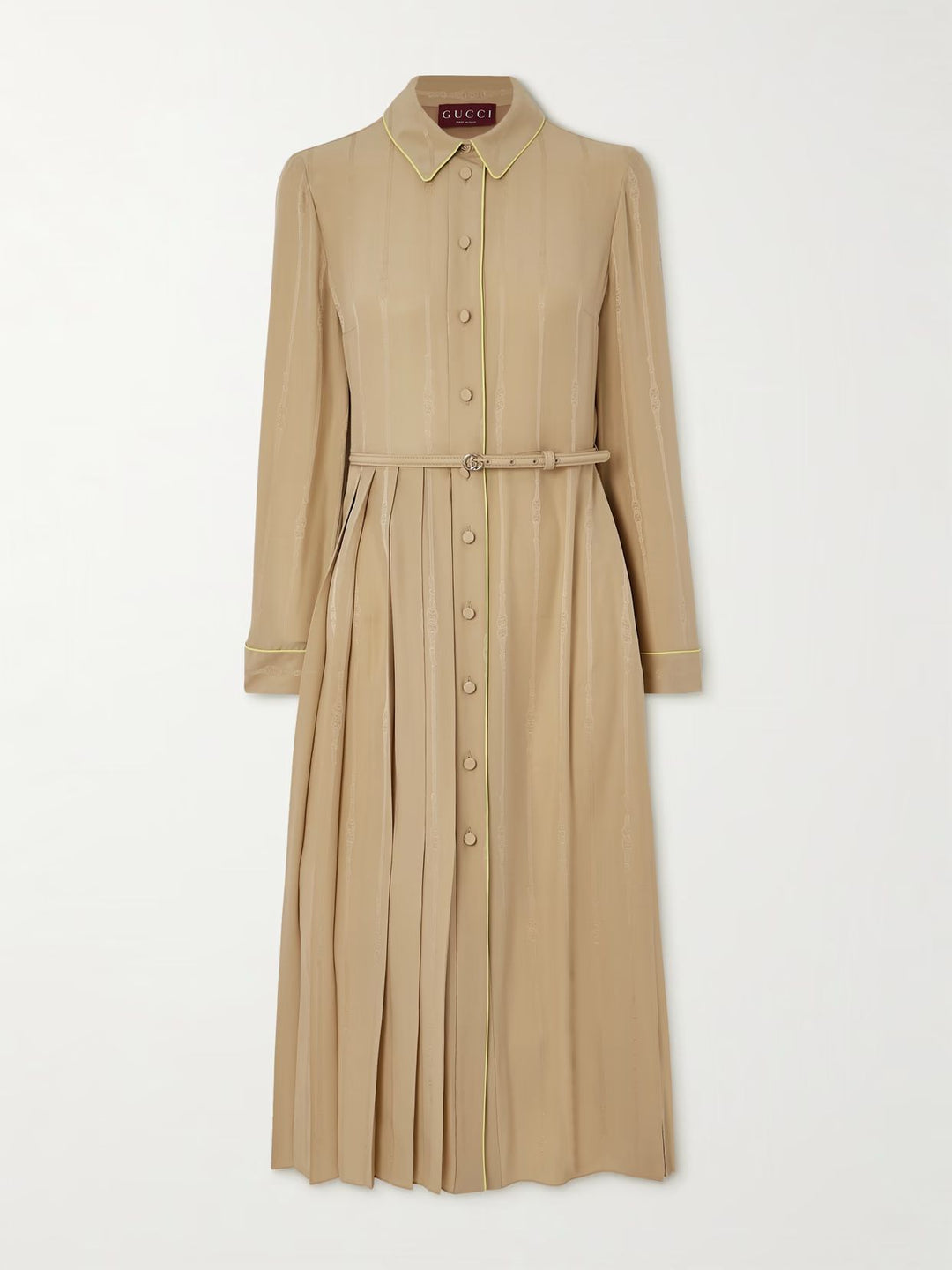 gucci dress beige Gucci Gg Draped Striped Silk Jacquard Midi Dress - Beige