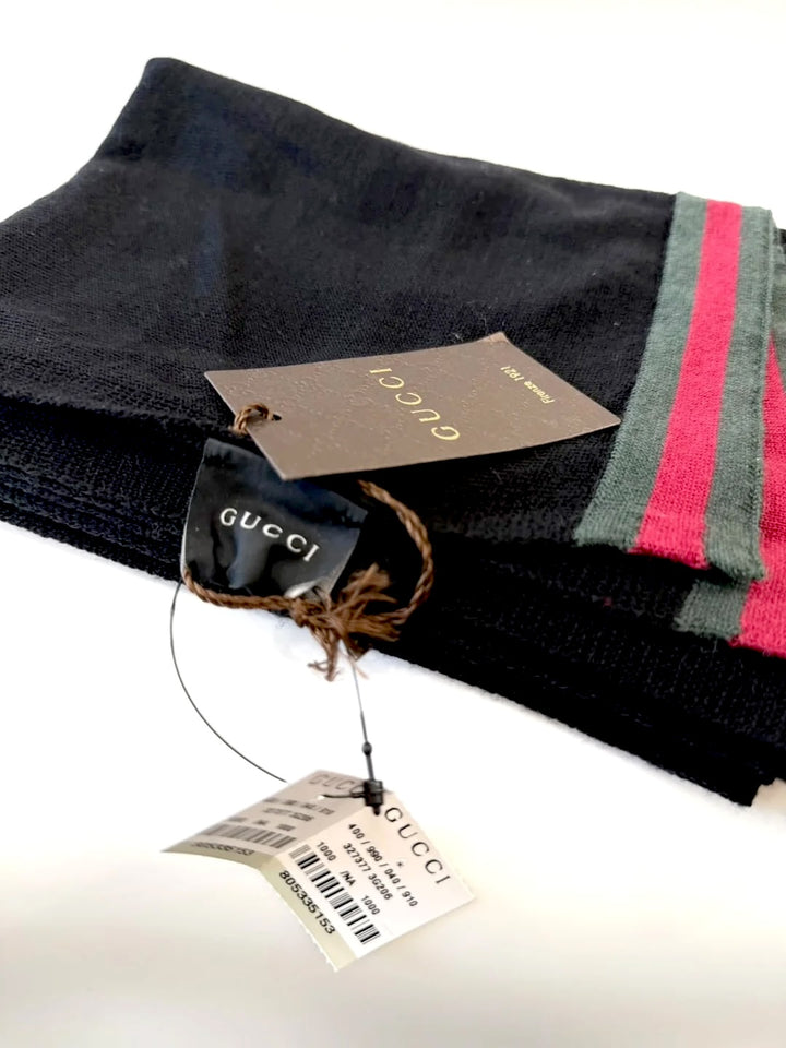 GUCCI BLACK WOOL WEB STRIPE SCARF