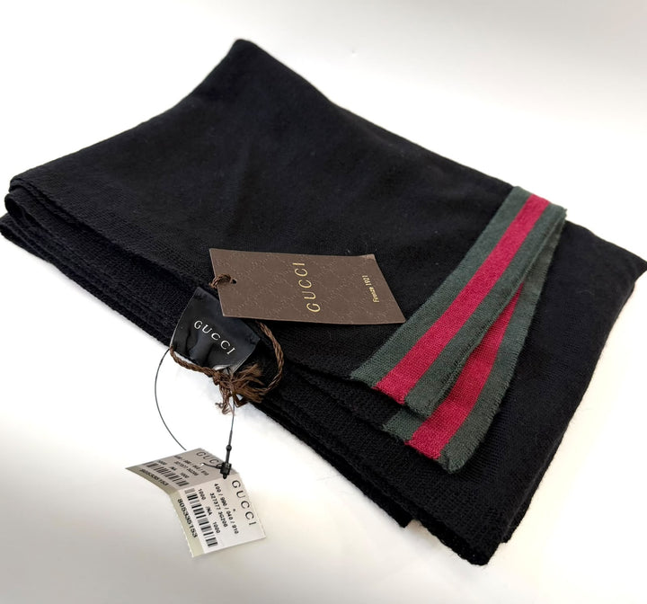 GUCCI BLACK WOOL WEB STRIPE SCARF