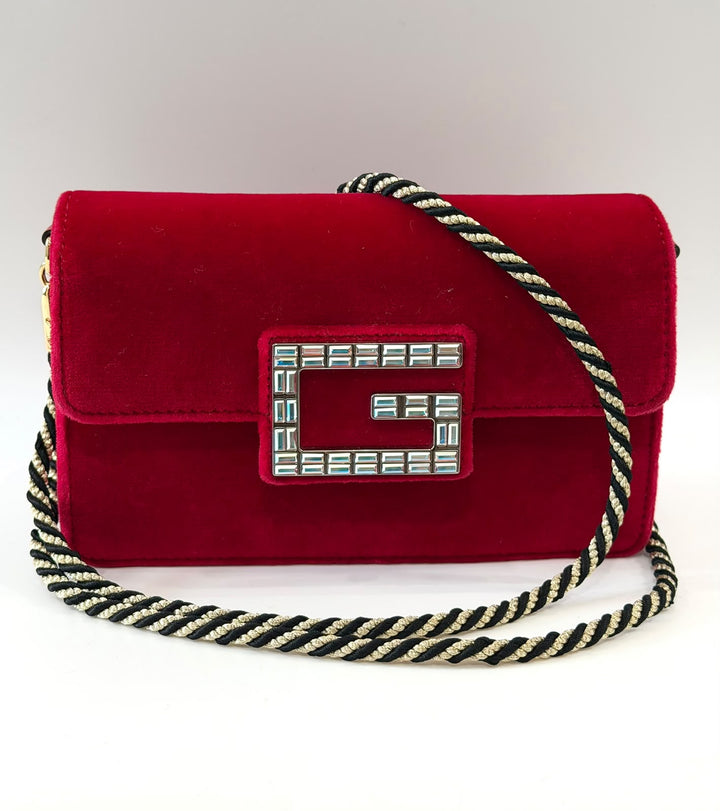 GUCCI BROADWAY VELVET CRYSTAL G SHOULDER BAG