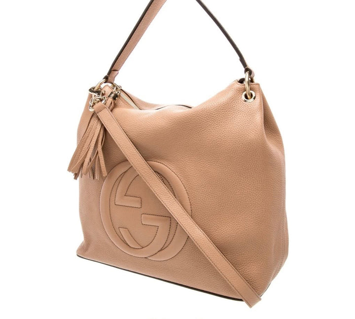 GUCCI CAMELIA PEBBLED CALFSKIN LEATHER SOHO HOBO BAG