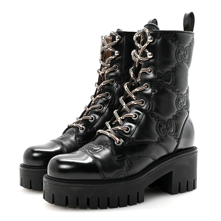 GUCCI CORDOVAN LUX NAPPA GG MATELASSE LACE UP BOOTS