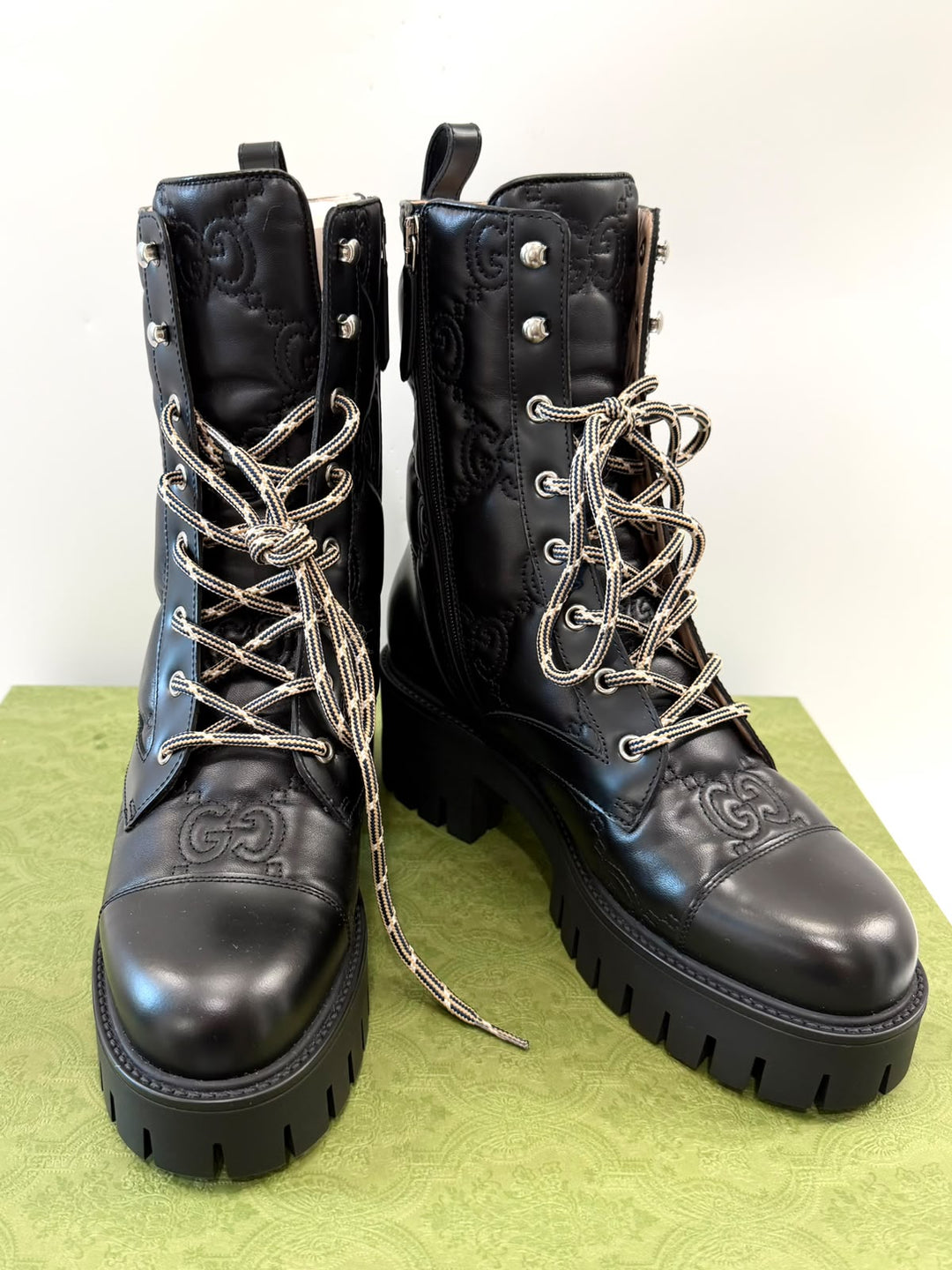 GUCCI CORDOVAN LUX NAPPA GG MATELASSE LACE UP BOOTS