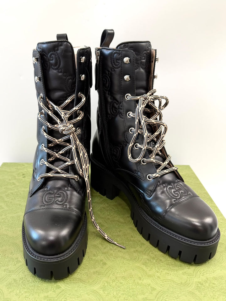 GUCCI CORDOVAN LUX NAPPA GG MATELASSE LACE UP BOOTS