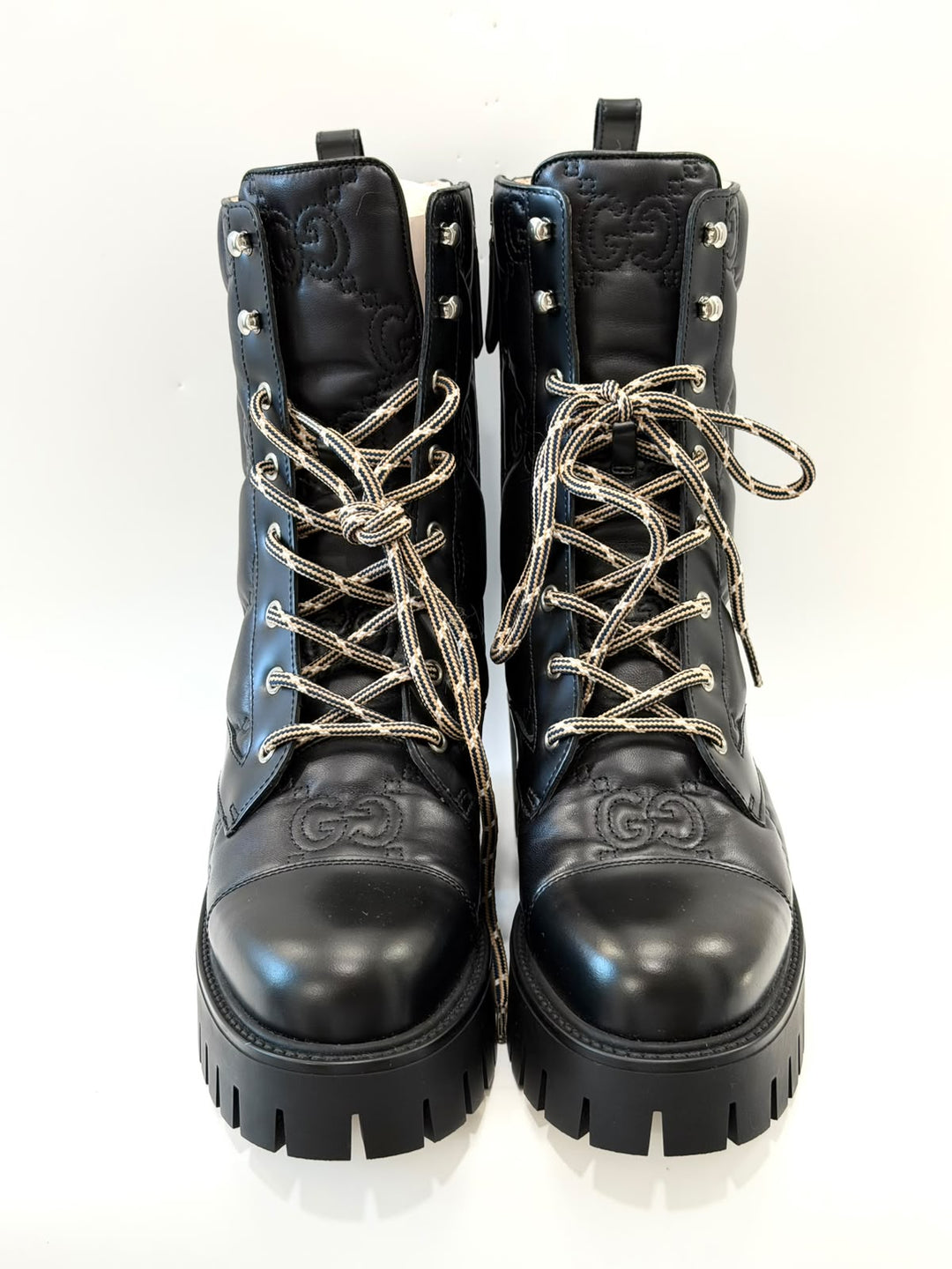 GUCCI CORDOVAN LUX NAPPA GG MATELASSE LACE UP BOOTS