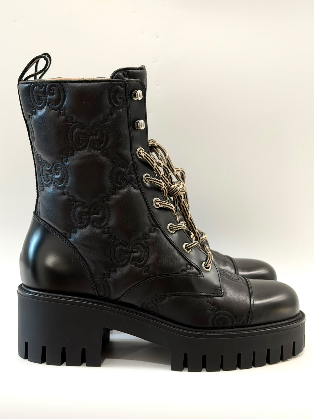 GUCCI CORDOVAN LUX NAPPA GG MATELASSE LACE UP BOOTS