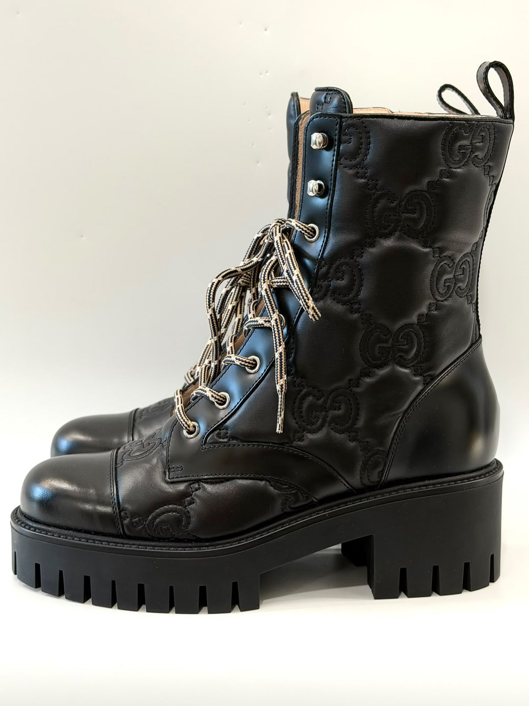 GUCCI CORDOVAN LUX NAPPA GG MATELASSE LACE UP BOOTS