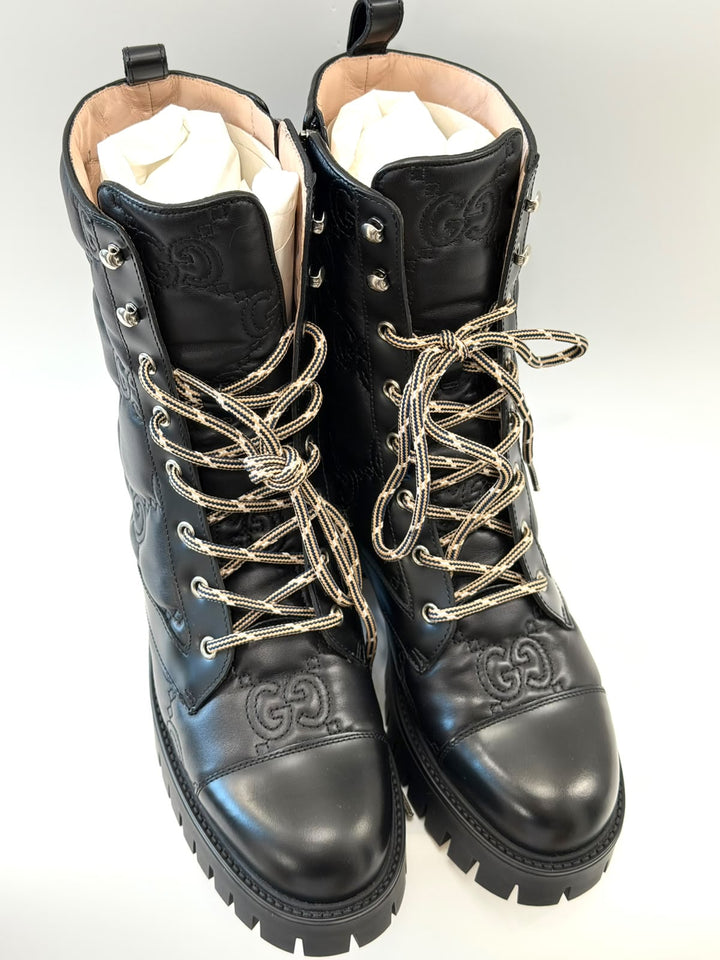 GUCCI CORDOVAN LUX NAPPA GG MATELASSE LACE UP BOOTS