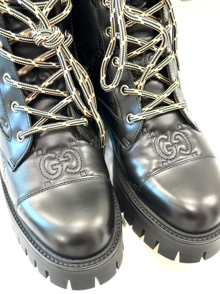 GUCCI CORDOVAN LUX NAPPA GG MATELASSE LACE UP BOOTS
