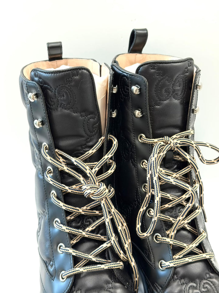 GUCCI CORDOVAN LUX NAPPA GG MATELASSE LACE UP BOOTS