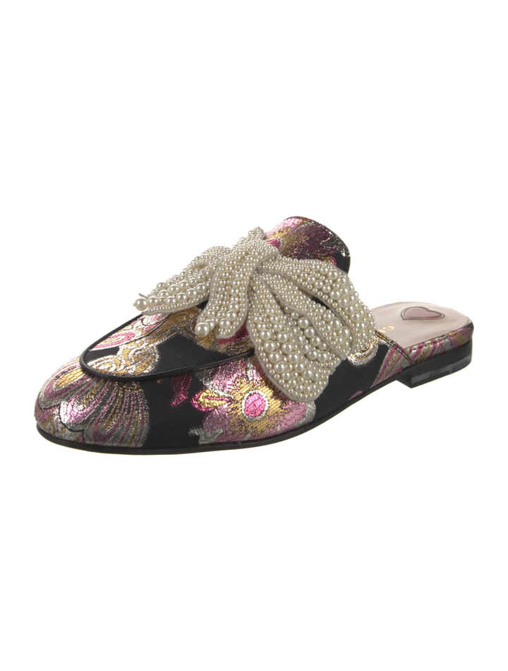 GUCCI IRIDESCENT BROCADE PEARL BOW PRINCETOWN MULES