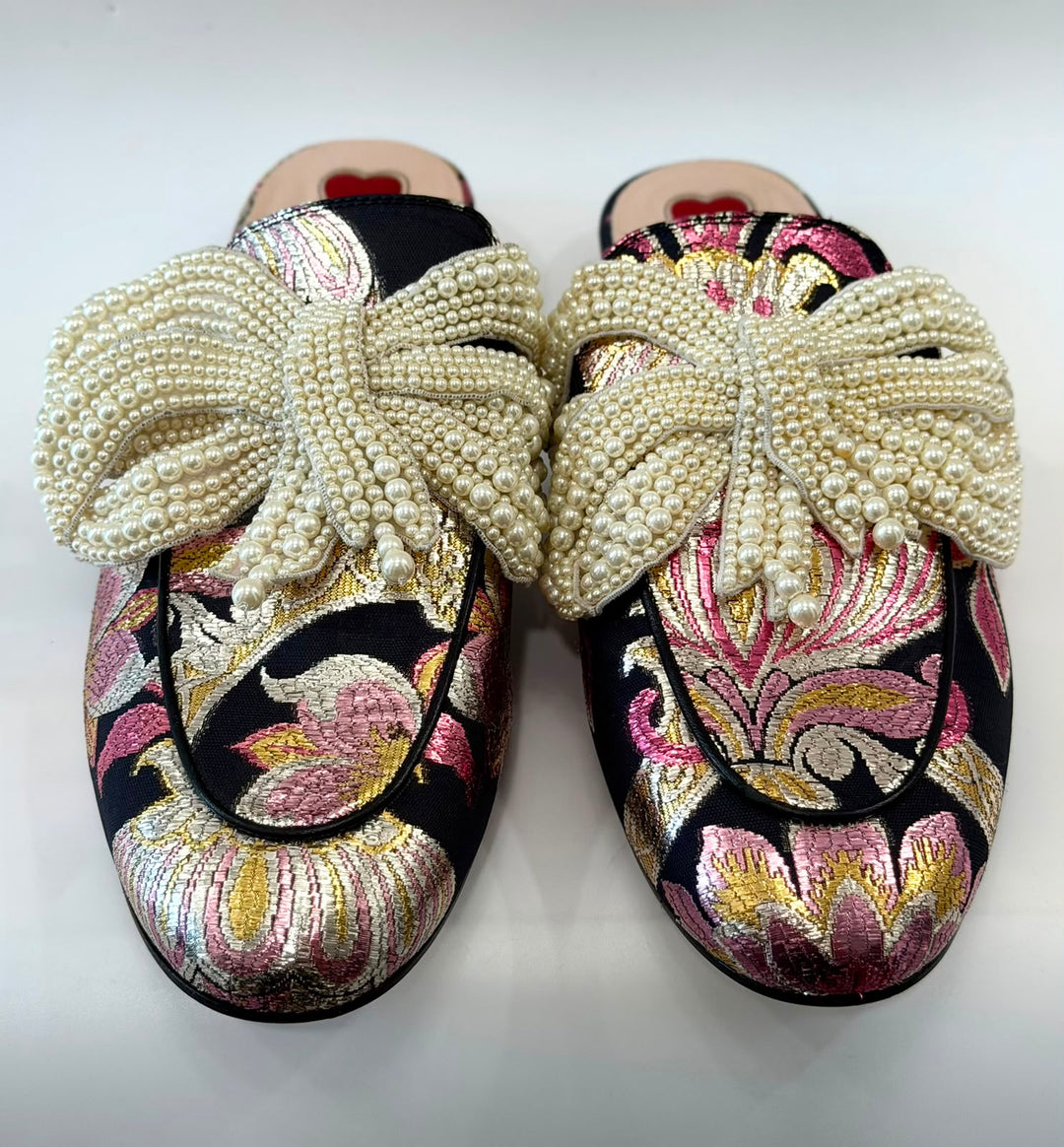 GUCCI IRIDESCENT BROCADE PEARL BOW PRINCETOWN MULES
