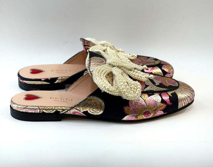 GUCCI IRIDESCENT BROCADE PEARL BOW PRINCETOWN MULES