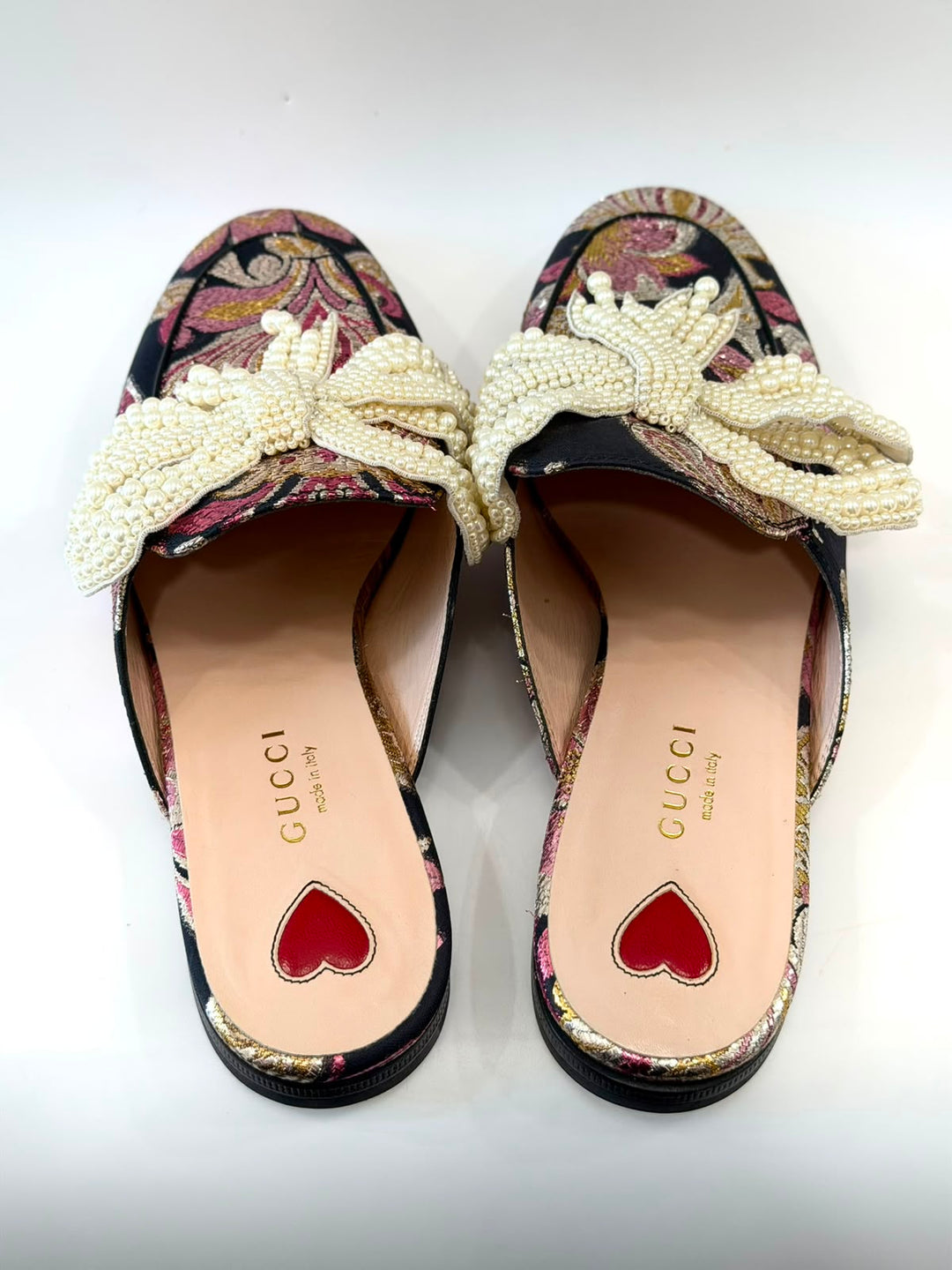 GUCCI IRIDESCENT BROCADE PEARL BOW PRINCETOWN MULES