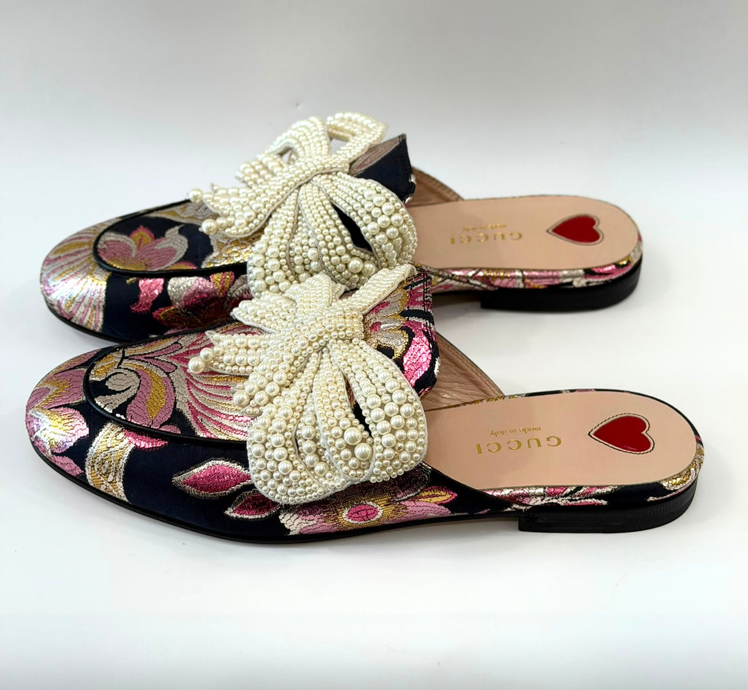 GUCCI IRIDESCENT BROCADE PEARL BOW PRINCETOWN MULES