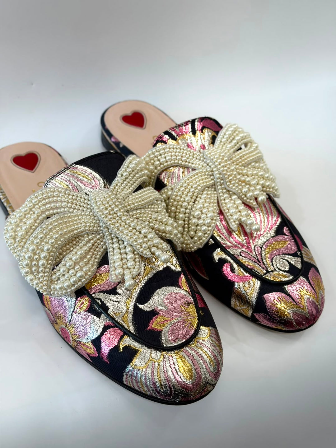GUCCI IRIDESCENT BROCADE PEARL BOW PRINCETOWN MULES