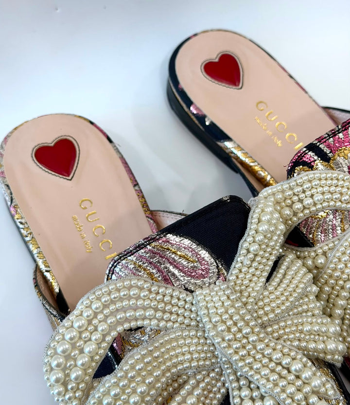 GUCCI IRIDESCENT BROCADE PEARL BOW PRINCETOWN MULES