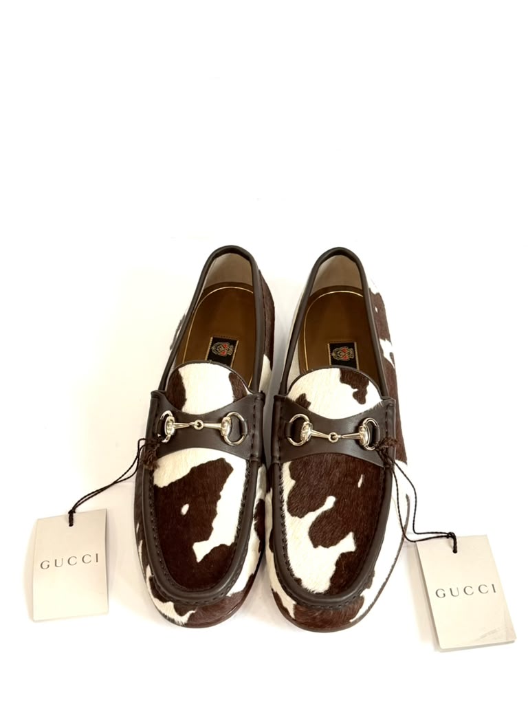 GUCCI  COW PRINT PONY HAIR CALFSKIN LEATHER HORSEBIT LOAFERS