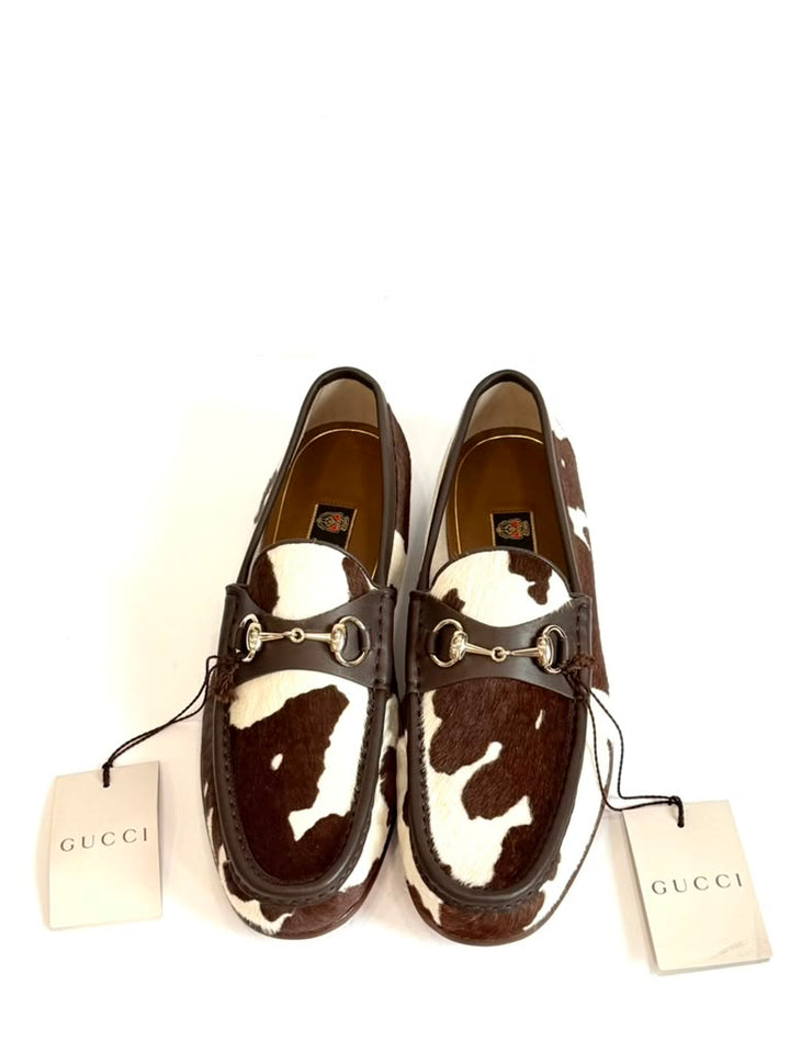 GUCCI  COW PRINT PONY HAIR CALFSKIN LEATHER HORSEBIT LOAFERS