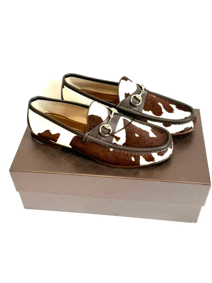 GUCCI  COW PRINT PONY HAIR CALFSKIN LEATHER HORSEBIT LOAFERS