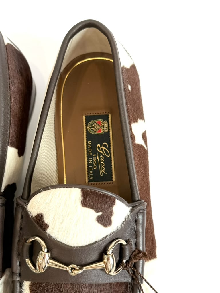 GUCCI  COW PRINT PONY HAIR CALFSKIN LEATHER HORSEBIT LOAFERS