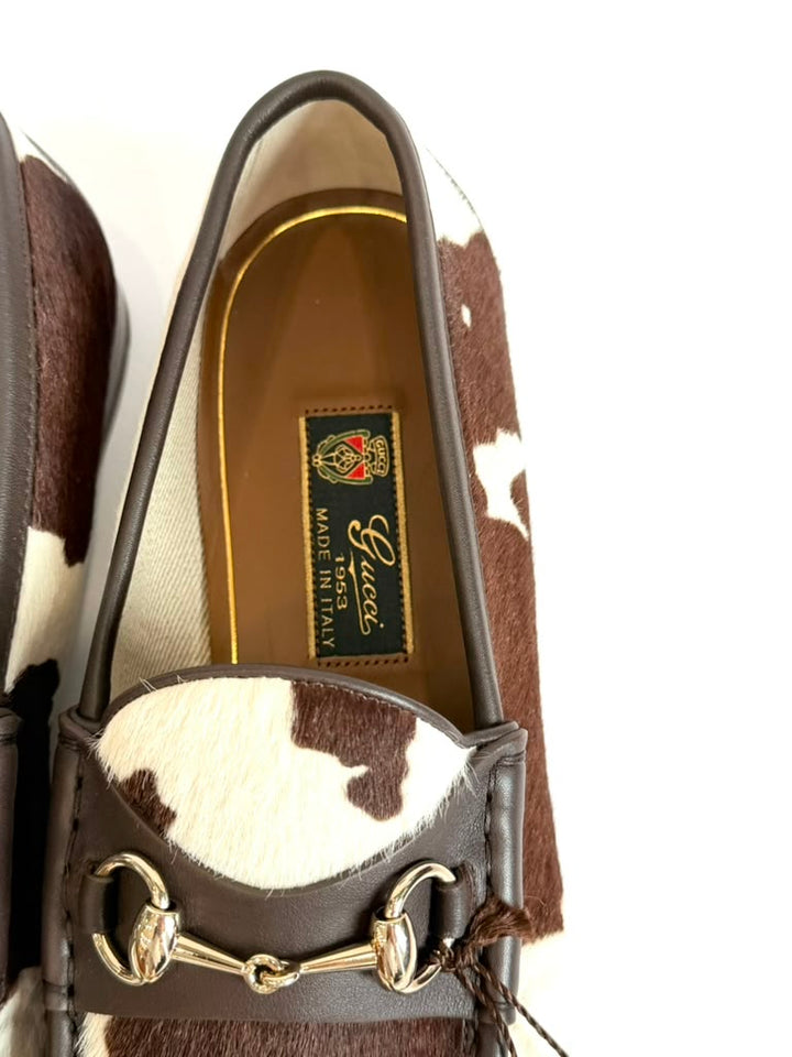 GUCCI  COW PRINT PONY HAIR CALFSKIN LEATHER HORSEBIT LOAFERS
