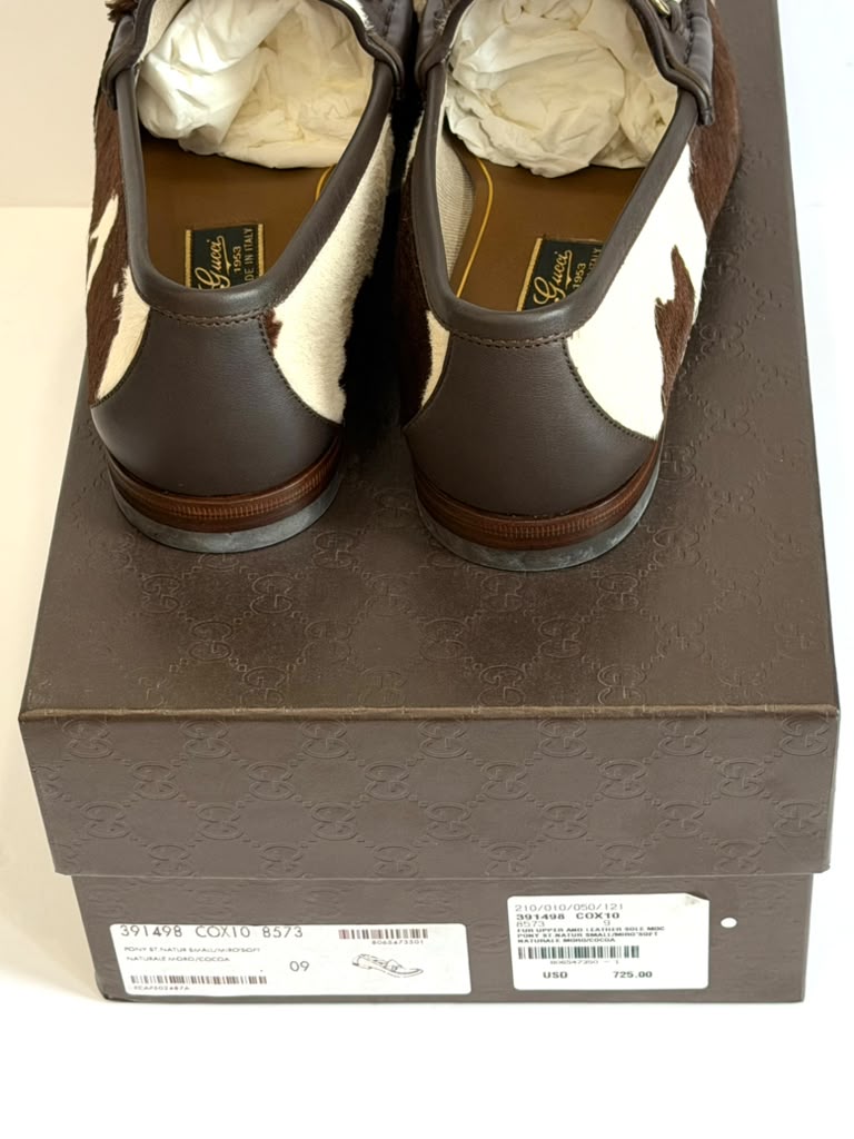 GUCCI  COW PRINT PONY HAIR CALFSKIN LEATHER HORSEBIT LOAFERS