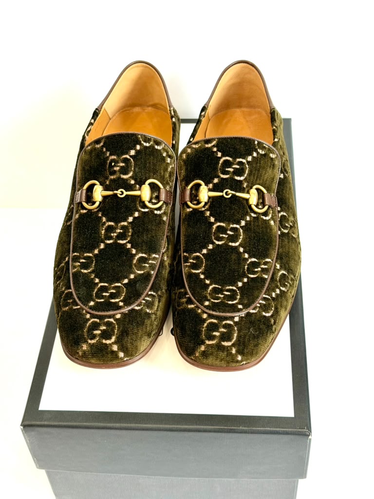GUCCI GG MONOGRAM JORDAAN VELVET HORSEBIT LOAFERS