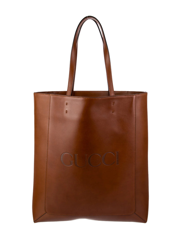 GUCCI LOGO EMBOSSED CALFSKIN LEATHER SHOPPER TOTE BAG