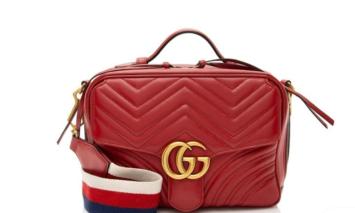 GUCCI MATELASSE LEATHER GG MARMONT ZIP AROUND TOP WITH GUITAR STRAP