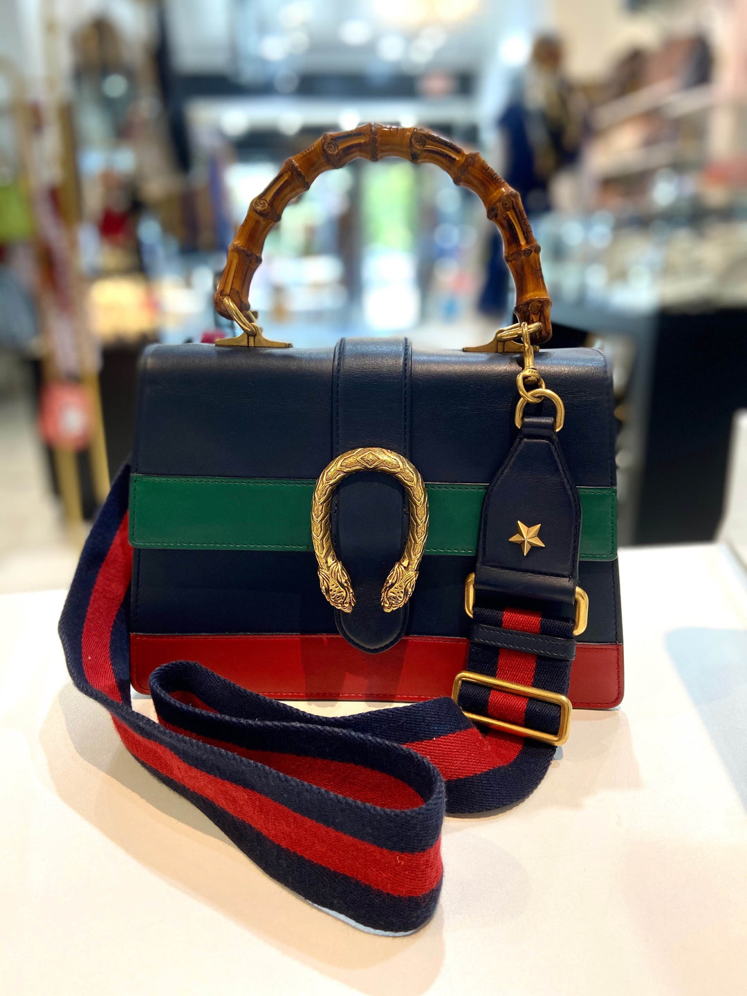 GUCCI MOON CALFSKIN BAMBOO WEB MEDIUM DIONYSUS TOP HANDLE BAG