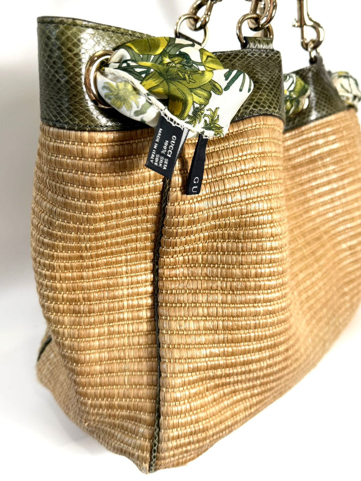 GUCCI STRAW RAFFIA AYERS SNAKESKIN POSITANO LARGE TOTE BAG
