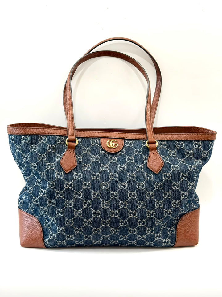 GUCCI NEW DENIM GG MONOGRAM MEDIUM OPHIDIA SHOPPING TOTE