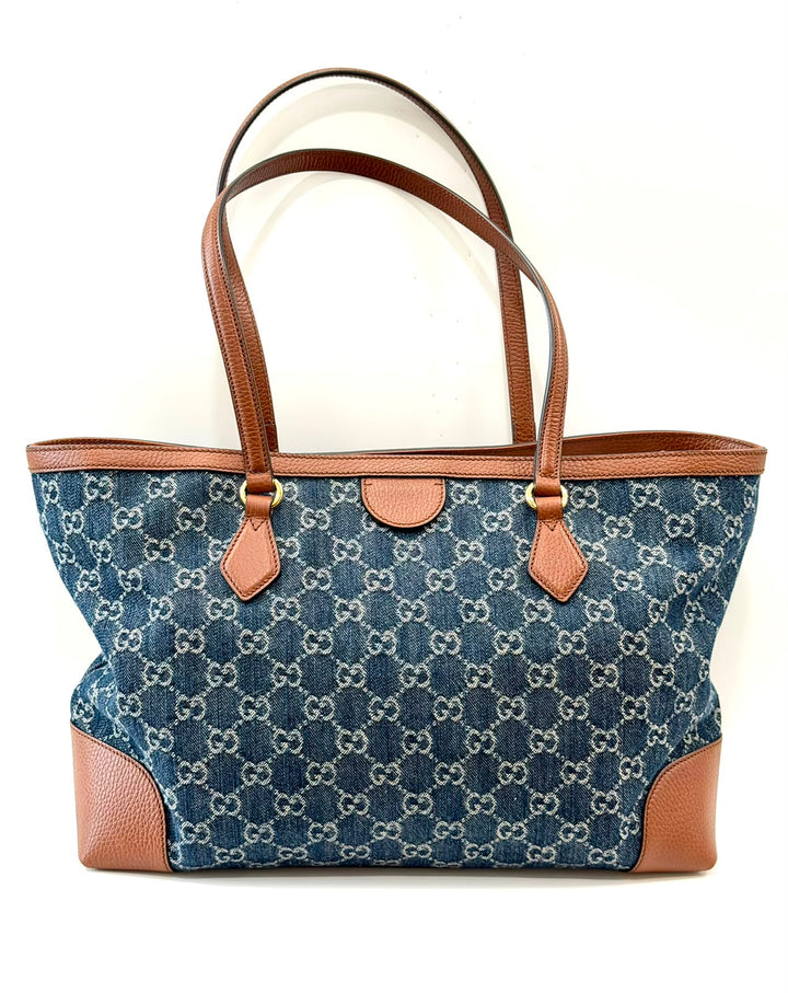 GUCCI NEW DENIM GG MONOGRAM MEDIUM OPHIDIA SHOPPING TOTE