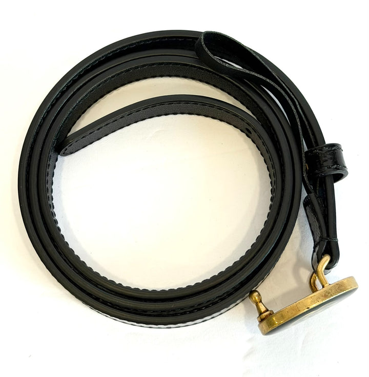 GUCCI OVAL ENAMELED BUCKLE PATENT CALF LEATHER SKINNY BELT