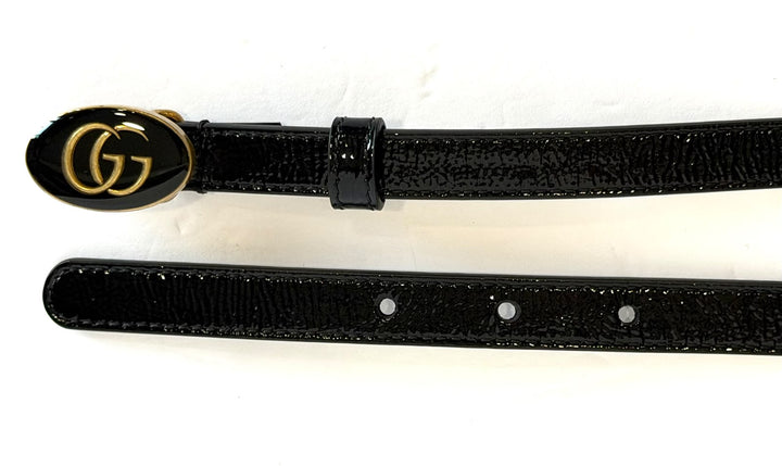 GUCCI OVAL ENAMELED BUCKLE PATENT CALF LEATHER SKINNY BELT