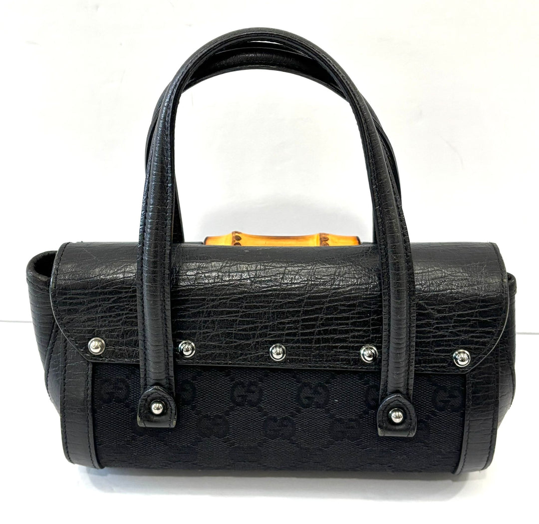 GUCCI SMALL GG MONOGRAM CALFSKIN LEATHER CANVAS BAMBOO BULLET BAG