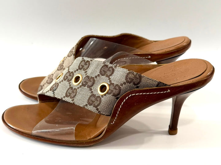 GUCCI VINTAGE GG MONOGRAM PVC CRISS-CROSS MULE SANDALS