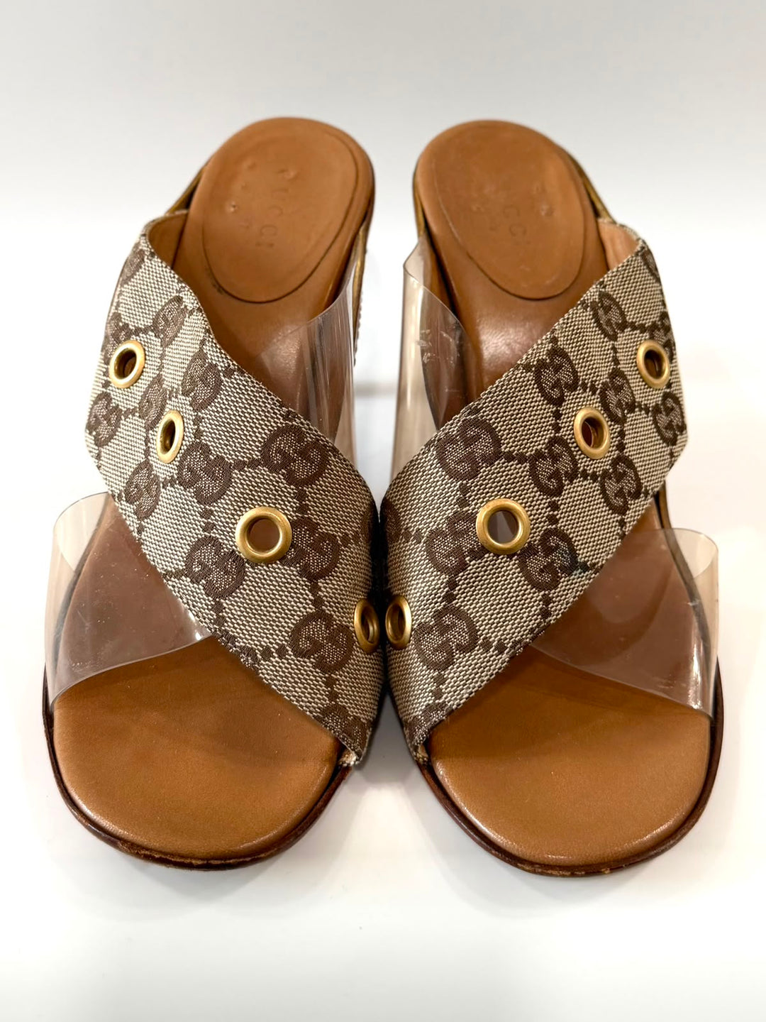 GUCCI VINTAGE GG MONOGRAM PVC CRISS-CROSS MULE SANDALS