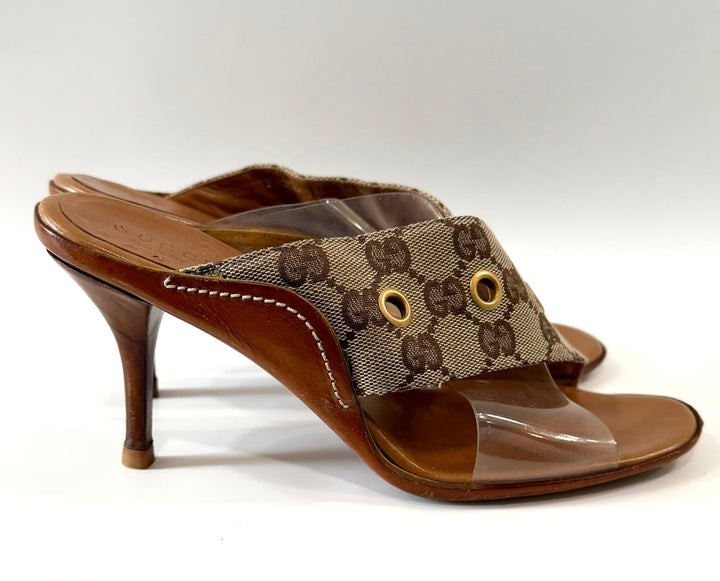 GUCCI VINTAGE GG MONOGRAM PVC CRISS-CROSS MULE SANDALS