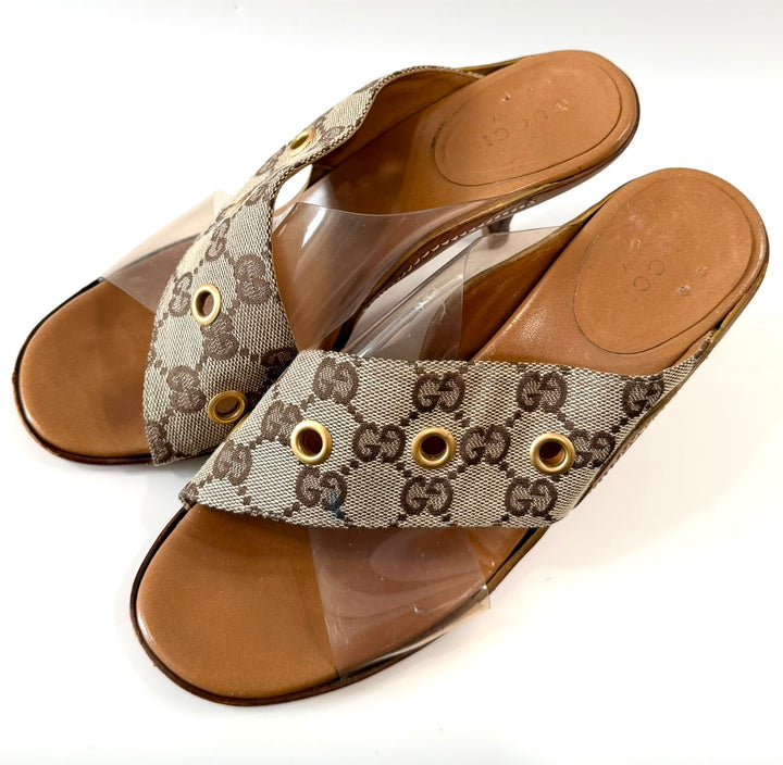 GUCCI VINTAGE GG MONOGRAM PVC CRISS-CROSS MULE SANDALS