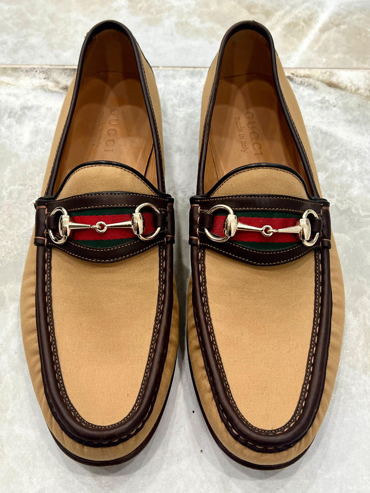 GUCCI WEB HORSEBIT ACCENT CANVAS LOAFERS
