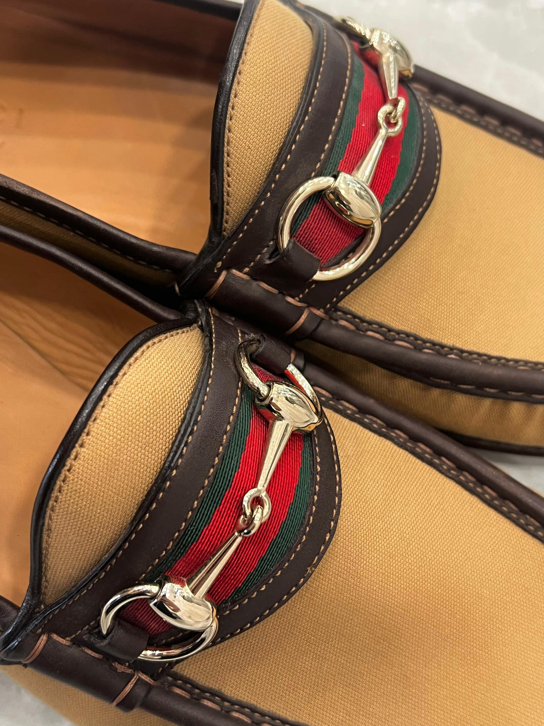 GUCCI WEB HORSEBIT ACCENT CANVAS LOAFERS